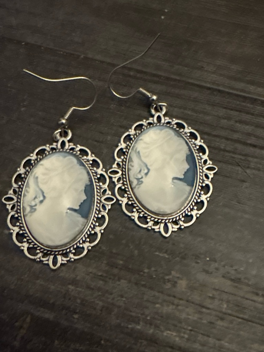 Othr White Cameo Drop Earrings with Silver Filigree. About 2.5 inches long